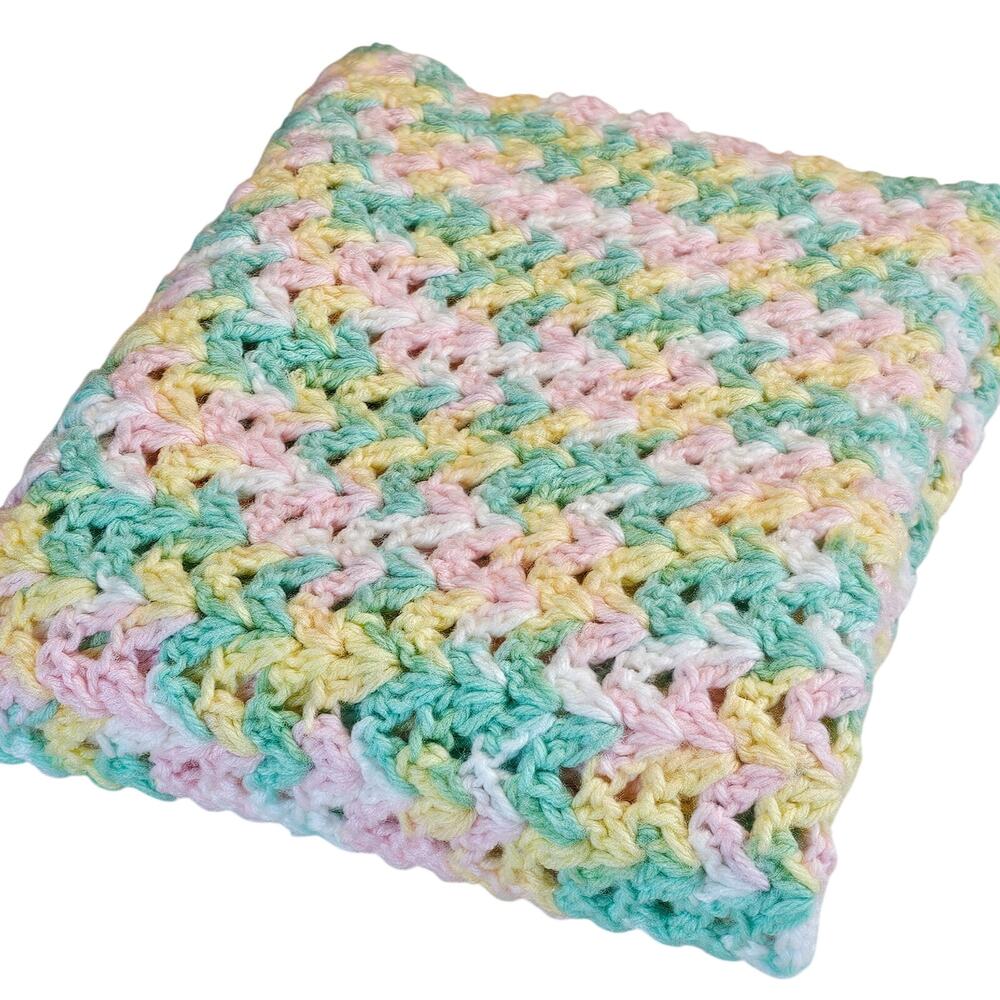 Crochet Baby Blanket 29" x 38" Pastel Pink Yellow Green Soft Yarn Nursery Throw